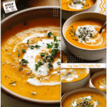Smooth bowl of the best butternut squash soup garnished with a dash of cream and herbs.